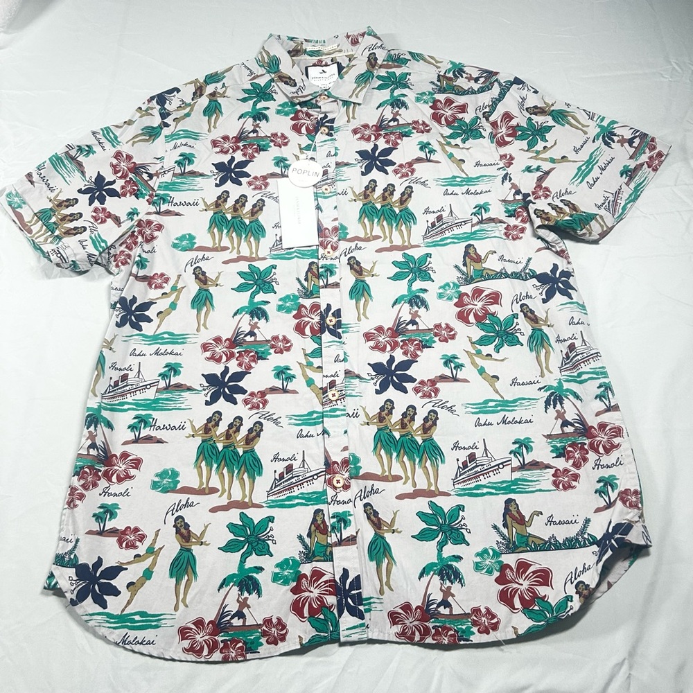 Denim & Flower Poplin Aloha Shirt - Tropical Hula Hawaiian Print - Size XL
